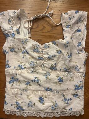 White Floral Lace-Trim Crop Top with Blue Bouquet Print